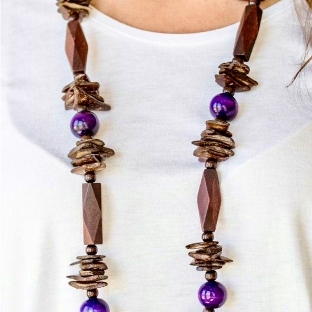 🥥 Cozumel Mexico Boho Purple round wooden mixed with mismatched distressed bead